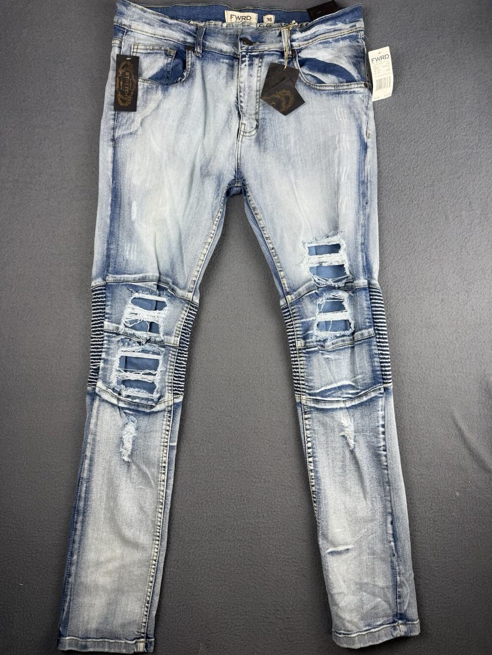 NWT FWRD Denim Jeans Mens Size 36 Blue Multi Distressed Denim Biker Moto
